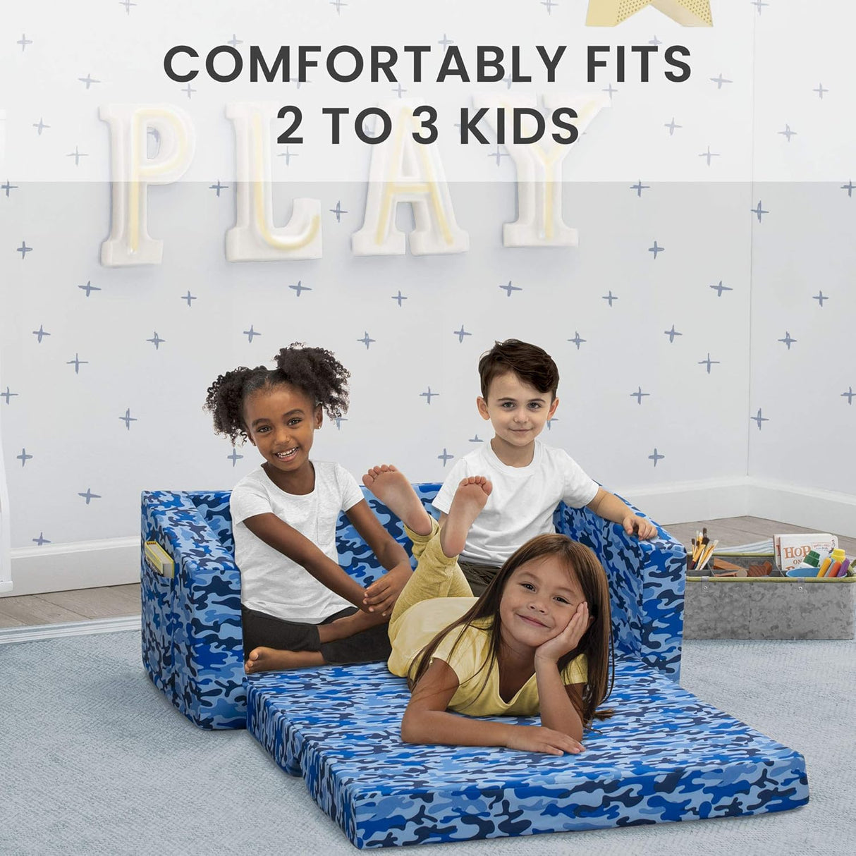 Silla cama convertible 2 en 1 para niños, camuflaje azul