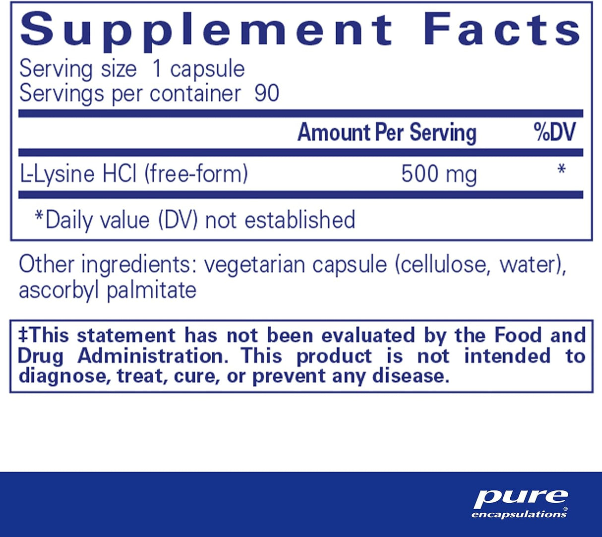 Suplemento Pure Encapsulations L-Lisina de aminoácidos 90 un