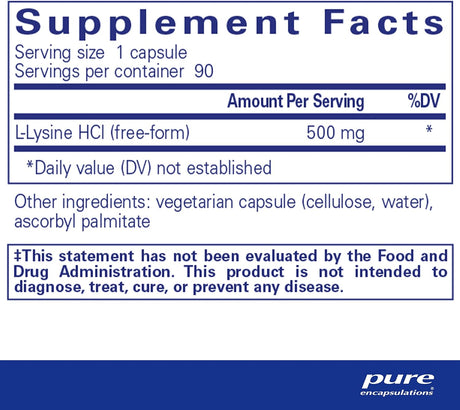 Suplemento Pure Encapsulations L-Lisina de aminoácidos 90 un