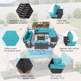 ALAULM Juego de 15 muebles de patio al aire libre con mesa para fogata de propano, juegos de sofás seccionales para exteriores, muebles de patio, fogata de gas de 43 pulgadas, juego de conversación de ratán de polietileno marrón con 12 cojines (azul)