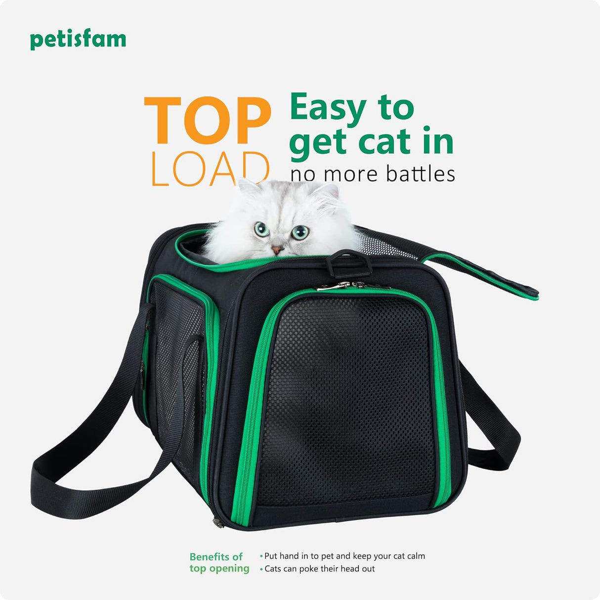 Transportador fácil para gatos medianos y perros pequeños - Aprobado para aerolíneas, carga superior, colapsable