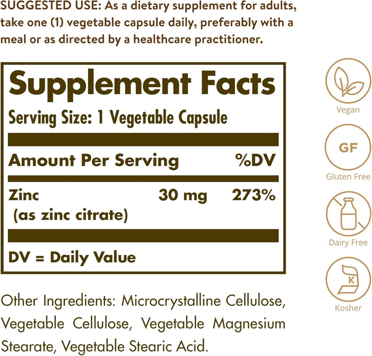 Suplementos Solgar Citrato de zinc 30 mg, 100 und vegetales