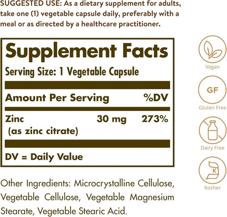 Suplementos Solgar Citrato de zinc 30 mg, 100 und vegetales