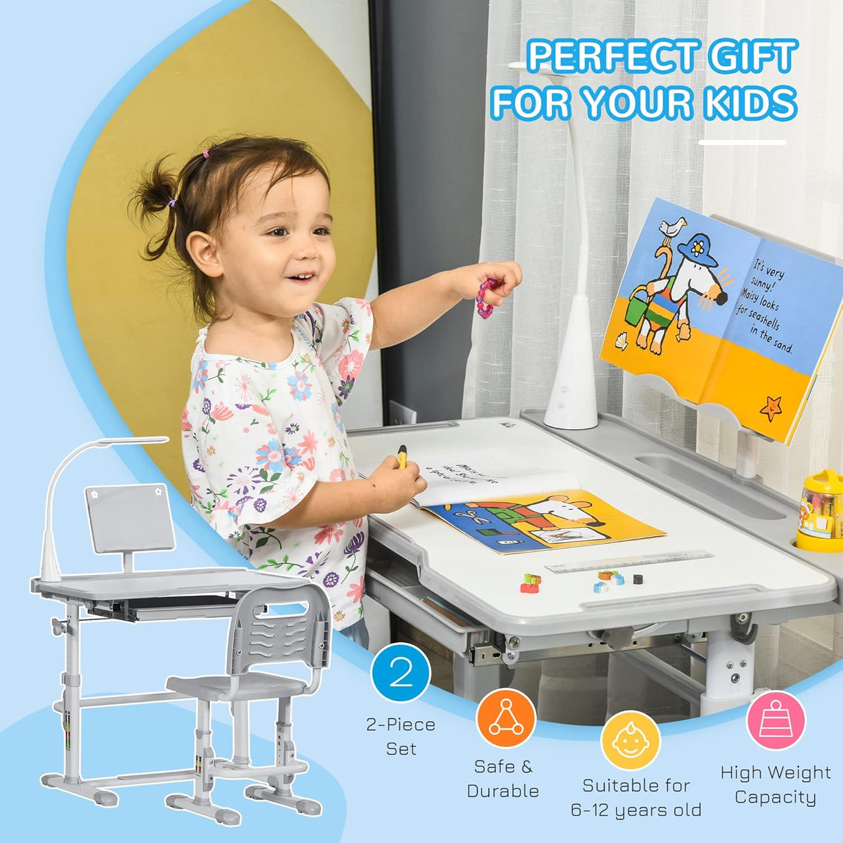 Escritorio y silla ajustables para niños con accesorios
