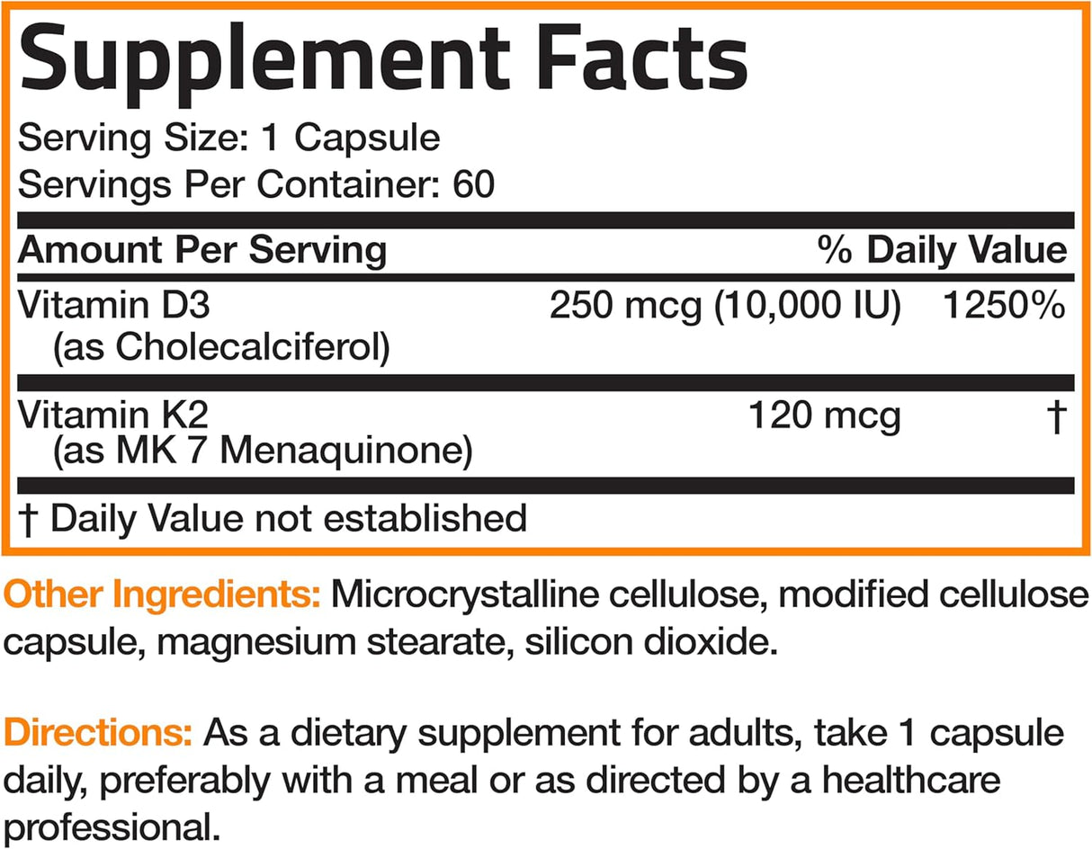 Suplemento K2 (MK7) D3 Bronson, 10,000 IU, 120 mcg, 60 Caps