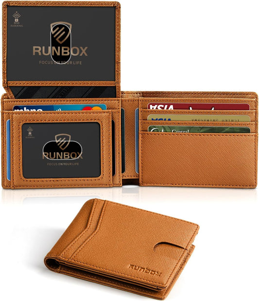 Billetera RUNBOX para hombres, delgada, RFID, 2 ventanas ID