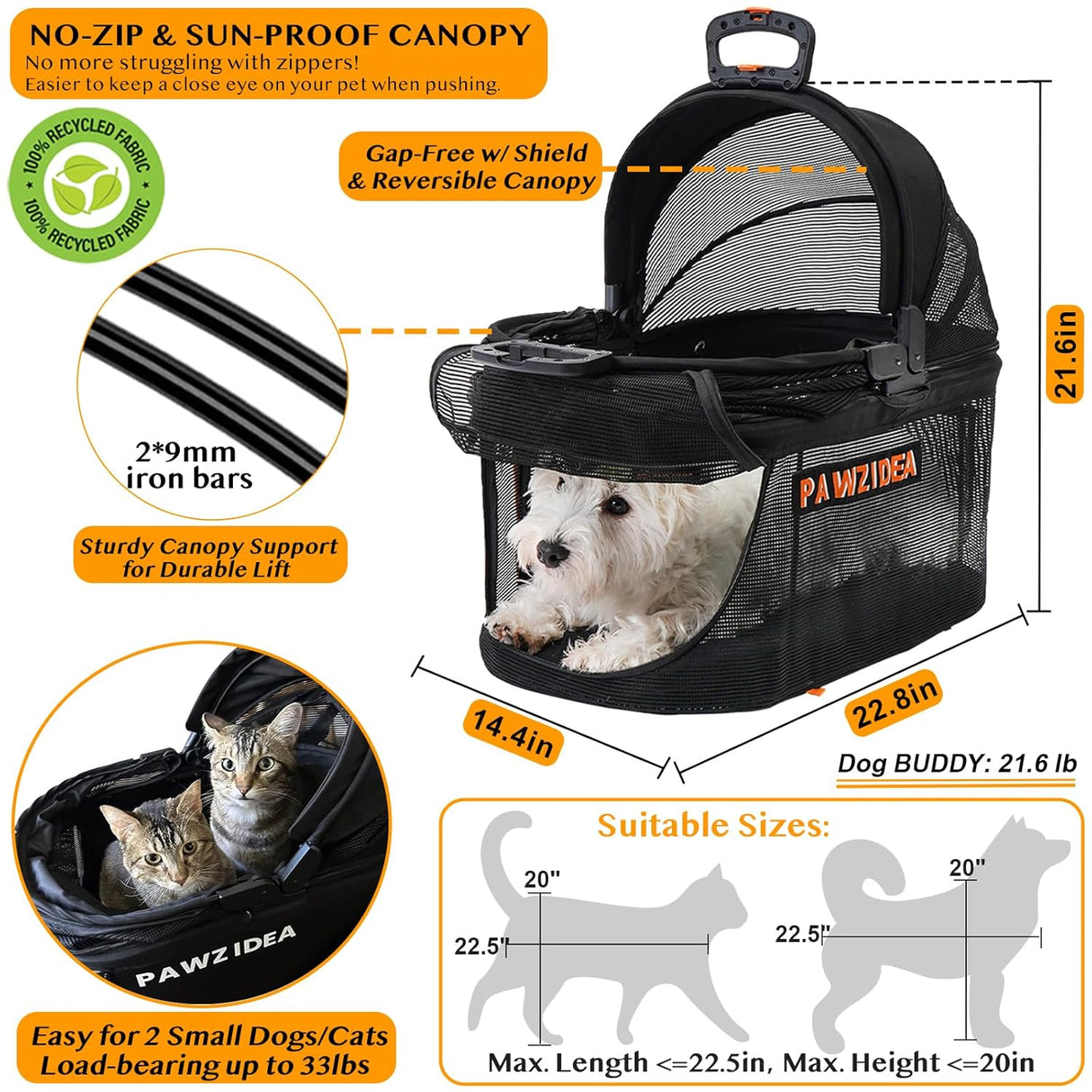 Carrito para Perros PAWZIDEA 4 en 1, Plegable y Ligero