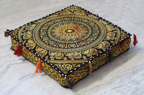 ICC - Funda de cojín cuadrada grande de algodón con diseño de mandala, estilo hippie, funda de almohada para el suelo con cremallera resistente, pufs otomanos, cama para perros y mascotas (4 flores amarillas, 18 pulgadas, cuadrados)