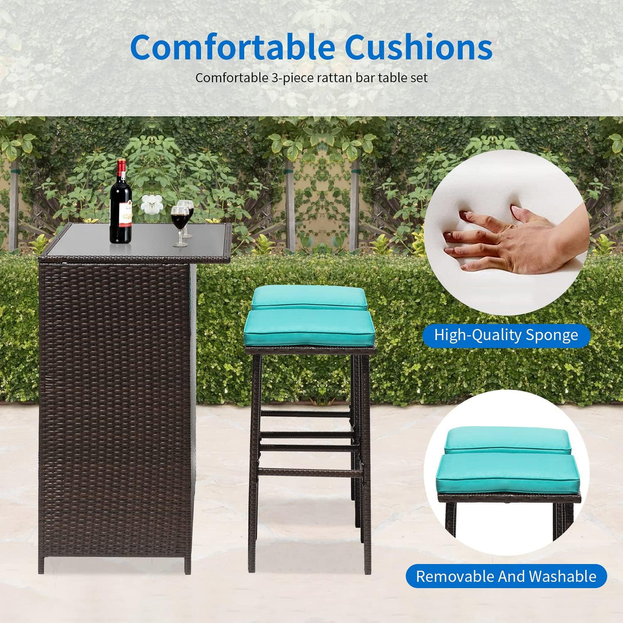 FDW Juego de 3 piezas de muebles de patio y bar, juego de muebles de mimbre con dos taburetes para patio, balcón, cojín azul