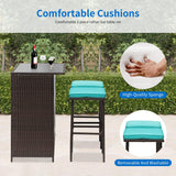 FDW Juego de 3 piezas de muebles de patio y bar, juego de muebles de mimbre con dos taburetes para patio, balcón, cojín azul