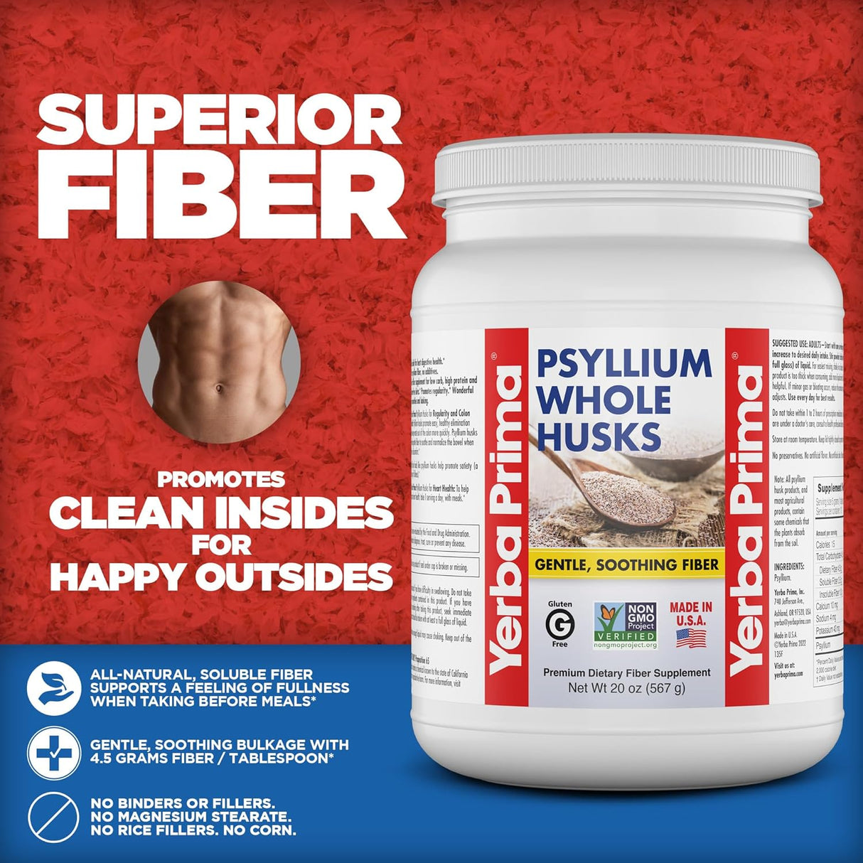 Suplemento de fibra Psyllium Yerba Prima - 20oz, vegano y sin gluten