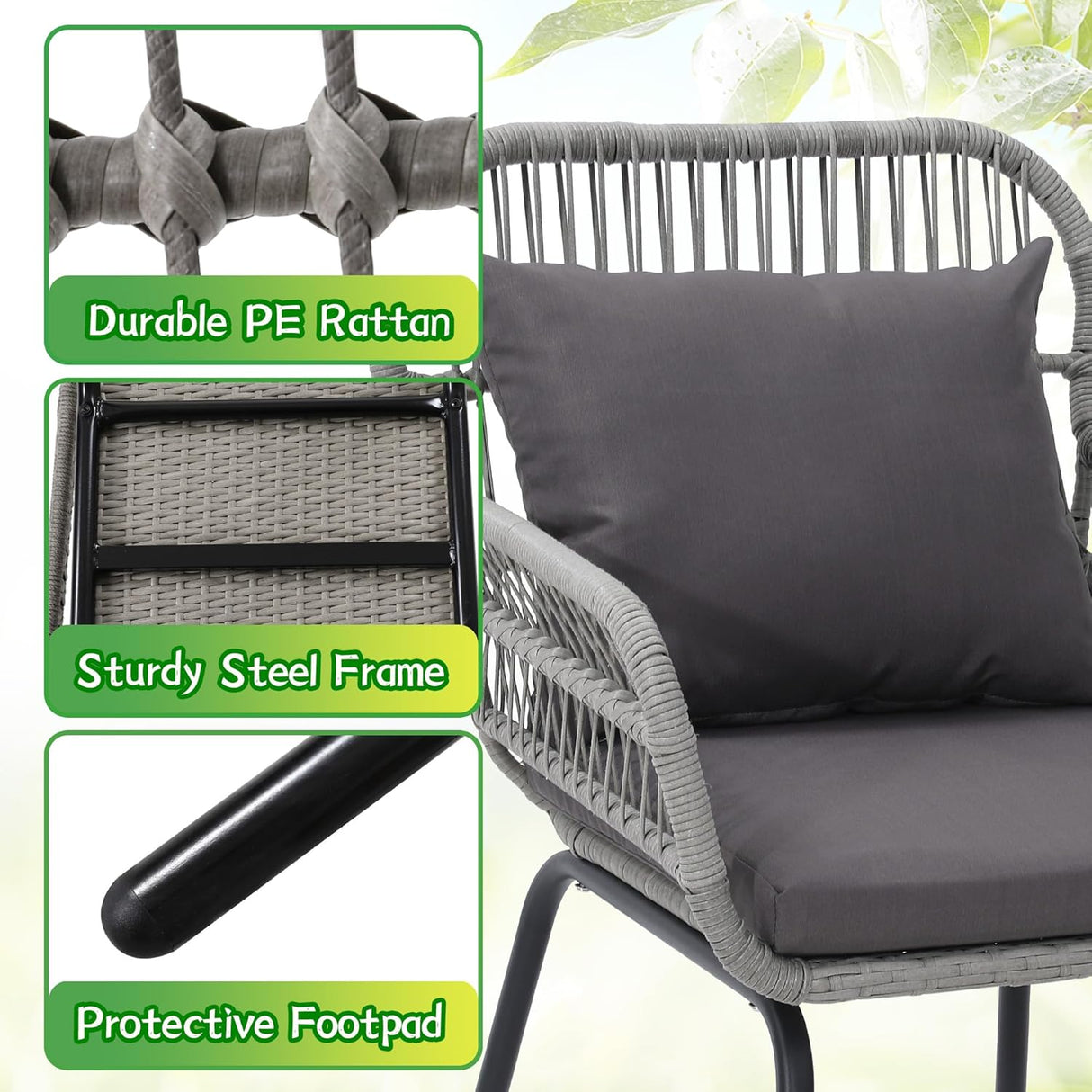 Wildformers Juego de 3 piezas de mimbre de mimbre, juego de conversación al aire libre, juego de muebles de mimbre con mesa superior de cristal, ahorro de espacio para balcón, patio trasero, gris