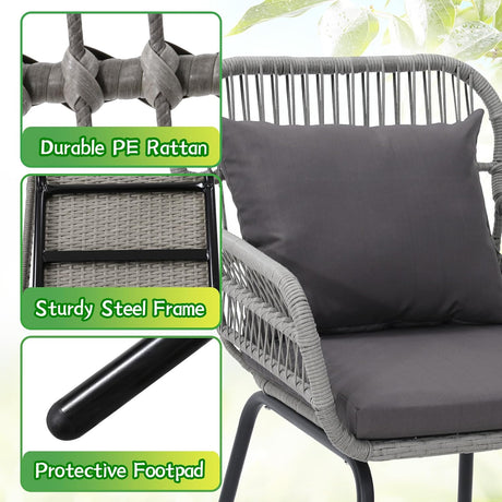 Wildformers Juego de 3 piezas de mimbre de mimbre, juego de conversación al aire libre, juego de muebles de mimbre con mesa superior de cristal, ahorro de espacio para balcón, patio trasero, gris