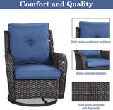 Belord Juego de muebles de mimbre para exteriores, juego de muebles de patio de 6 piezas con sillas mecedoras giratorias, sofá biplaza, otomanas y mesa auxiliar, cojín azul