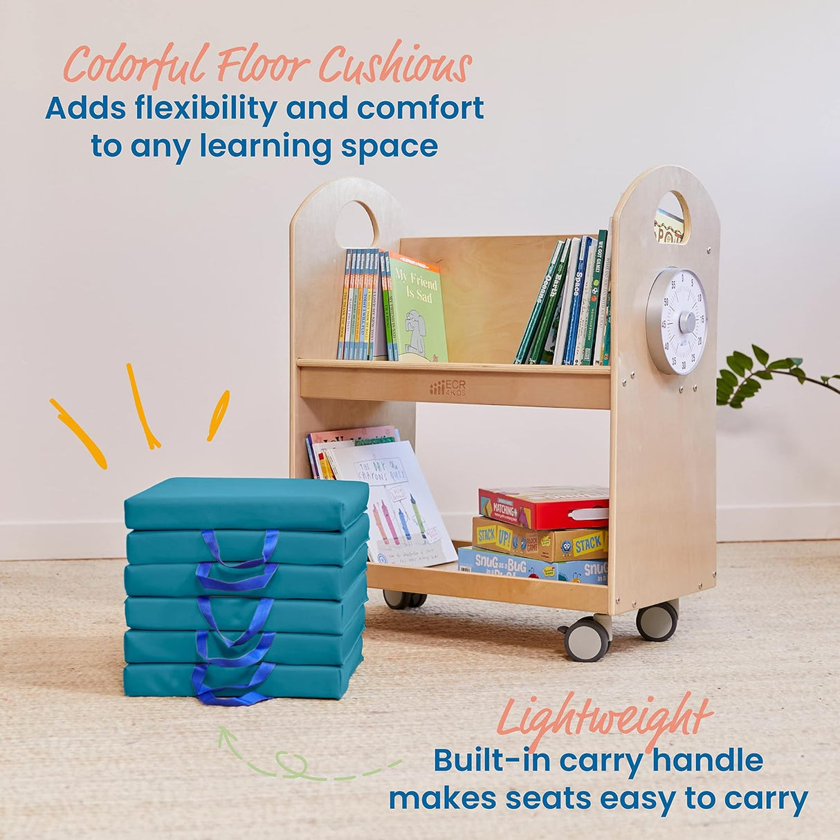 ECR4Kids SoftZone - Cojines de suelo, cuadrados, asientos flexibles, turquesa, 6 piezas