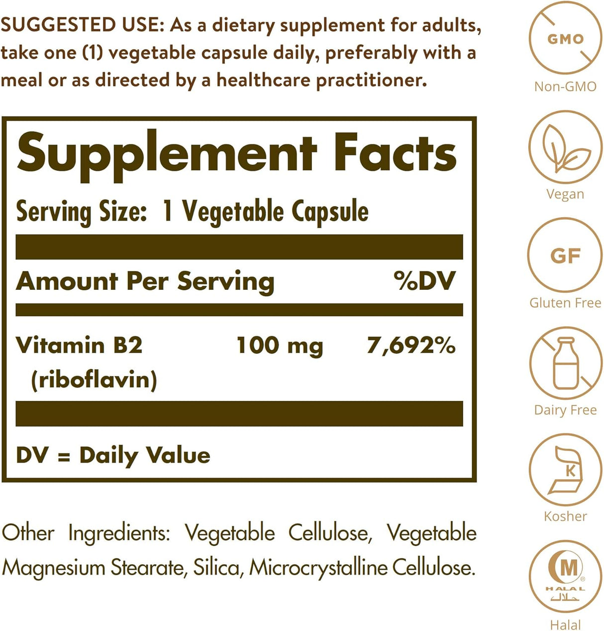 Suplemento Solgar Vitamina B2 (riboflavina) 100 mg 100 cáp