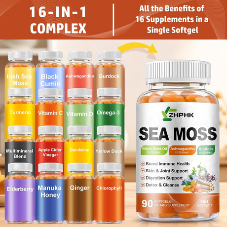 Sea Moss Softgels con Black Seed Oil y Hierbas, 90 cápsulas