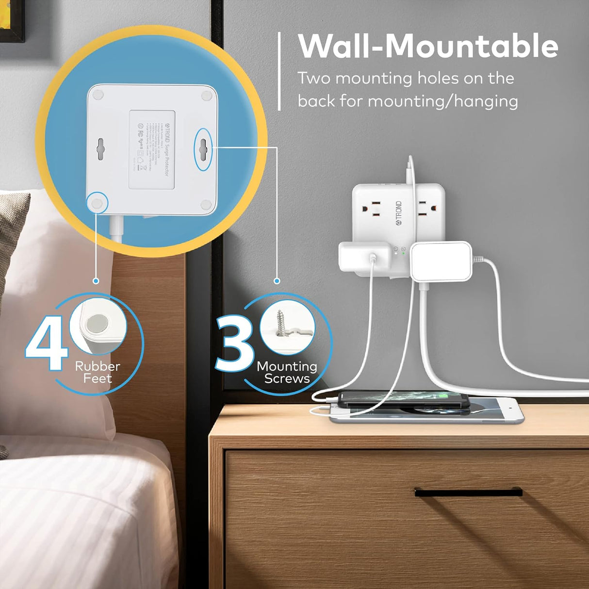 TROND Regleta protectora contra sobretensiones – Cable de extensión de enchufe plano ultrafino de 5 pies con 4 puertos USB (1 cargador USB C), 4 tomas de corriente ampliamente espaciadas, compacto y
