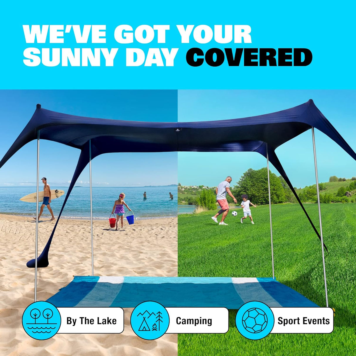 Tienda de playa con protección UPF50+, incluye accesorios