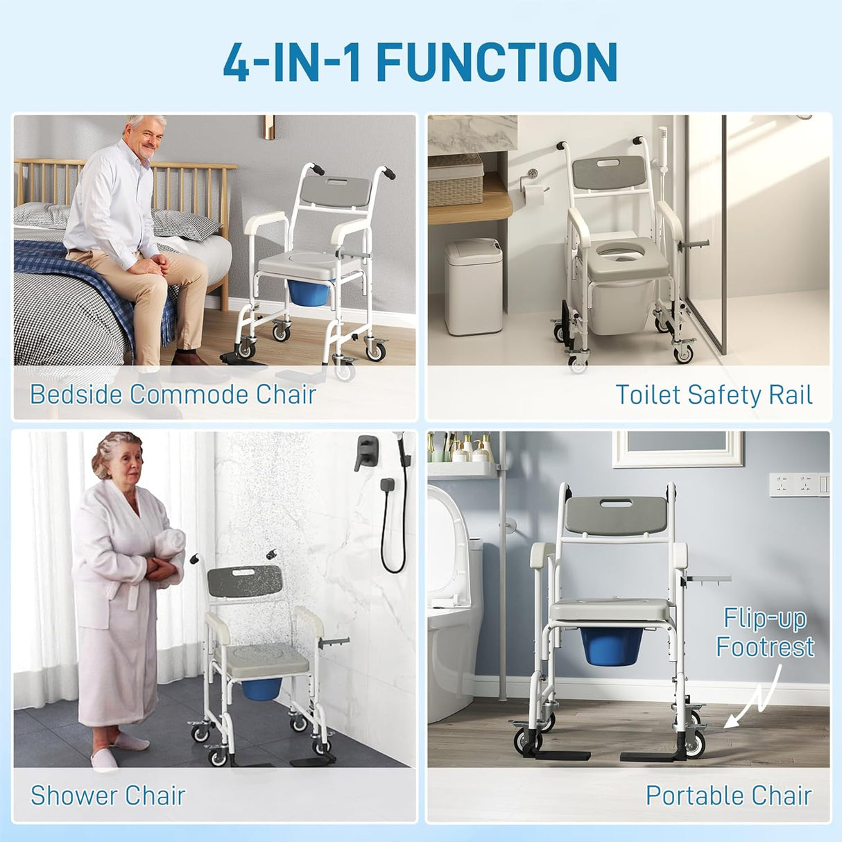 Silla de Ducha HOMCOM 4 en 1 con Ruedas y Respaldo