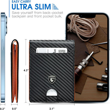 Billetera Slim GSOIAX Hombre, Cuero, RFID, Bifold, Carbon Fiber