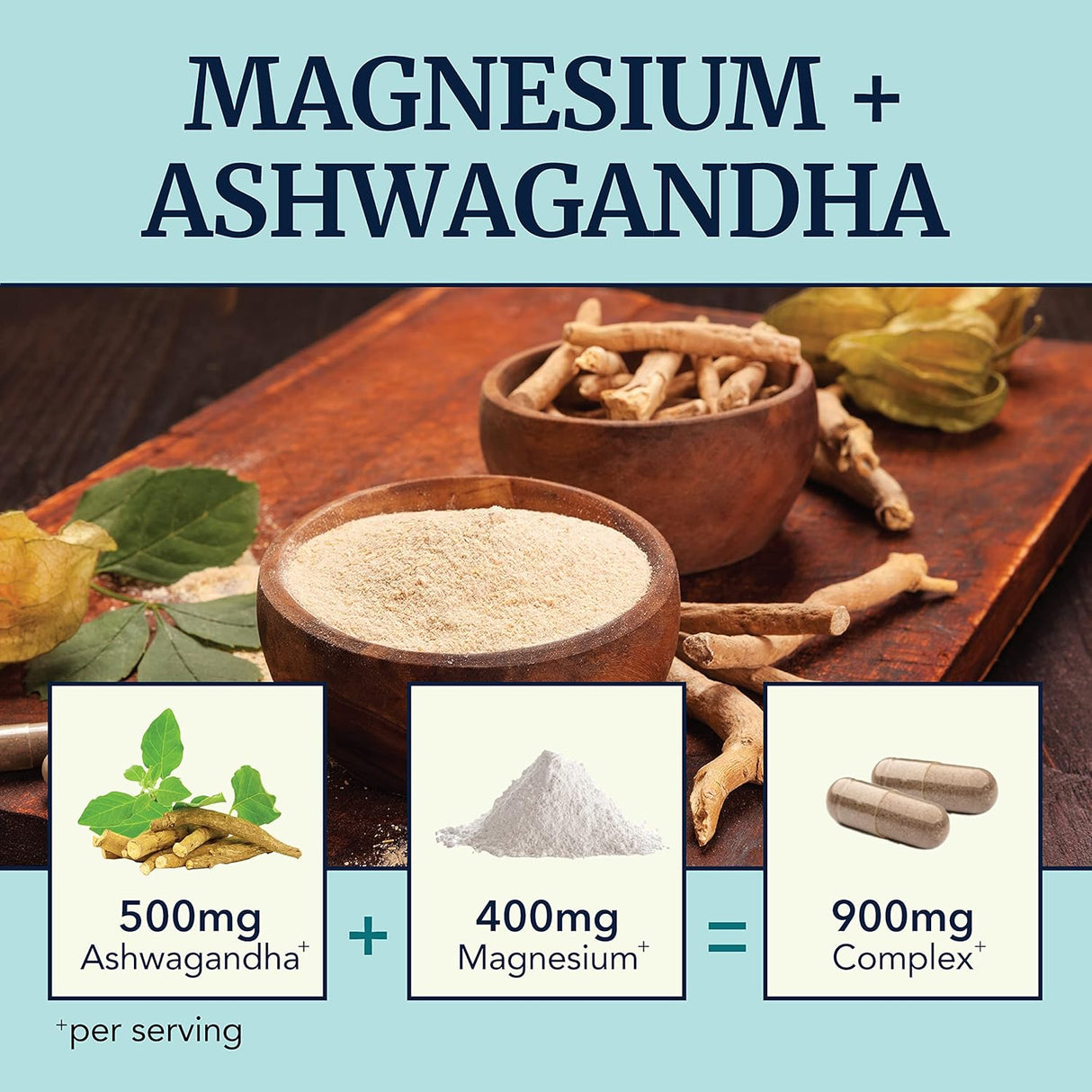 Suplemento de Magnesio Ashwagandha 400mg/500mg, 120 Ct