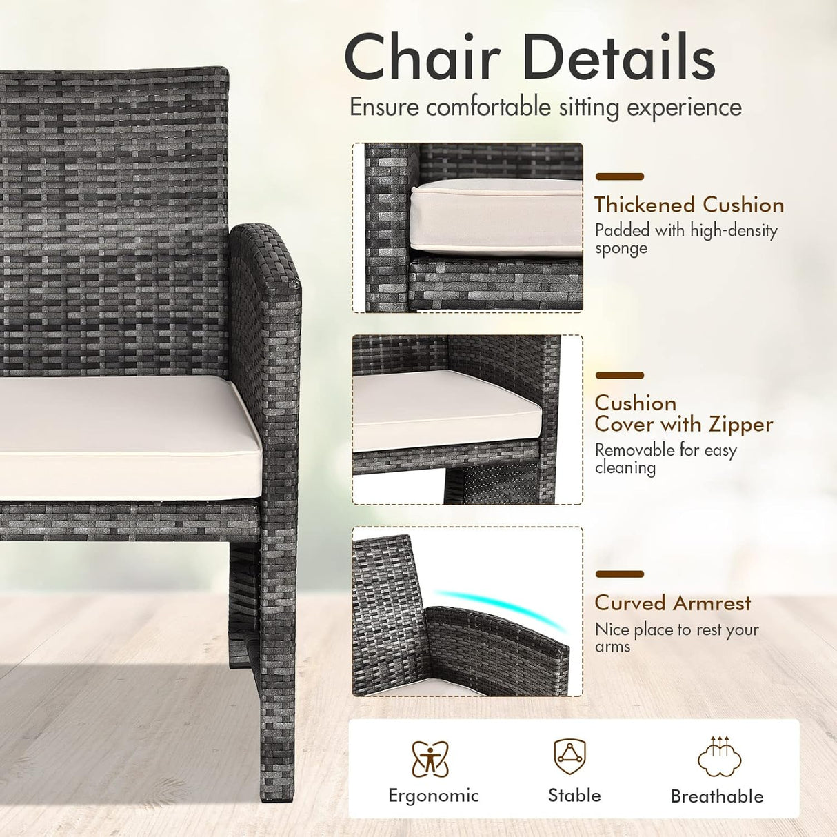Goplus Juego de muebles de ratán de 4 piezas, sofá de conversación de mimbre para exteriores con cojines resistentes a la intemperie y mesa de vidrio templado para césped, patio, piscina, jardín (beige)