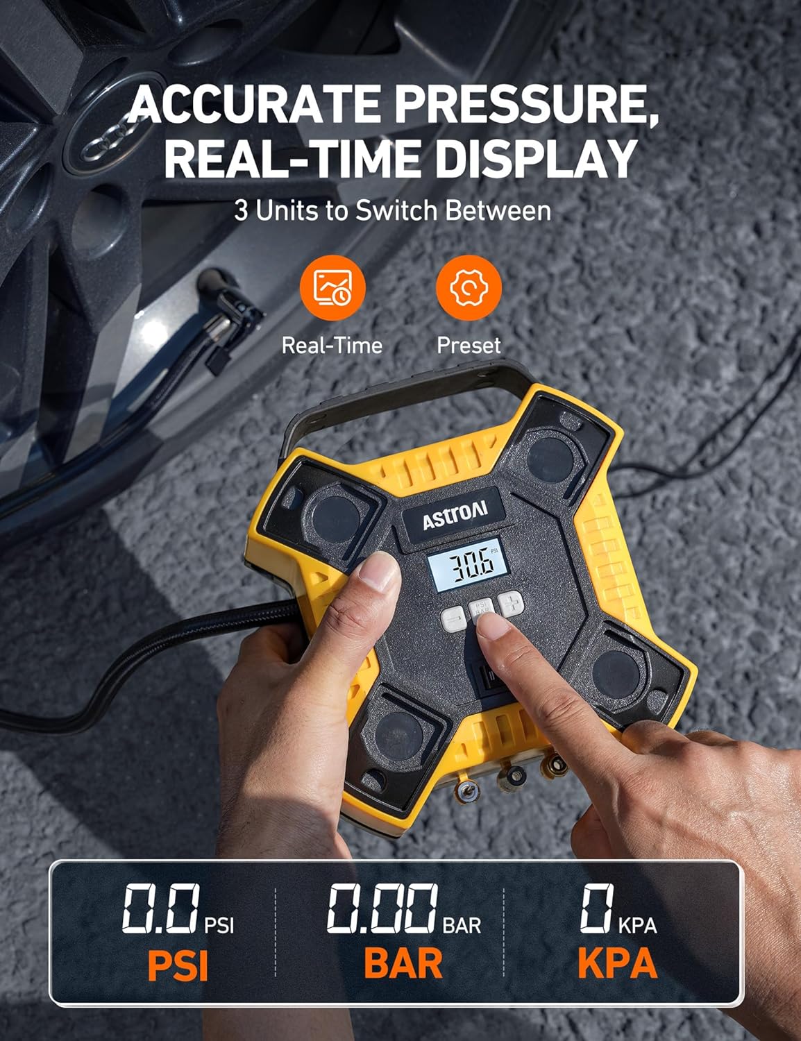 AstroAI Compresor de aire inflador de neumáticos bomba de aire portátil para neumáticos de coche, bomba de neumático de estructura metálica integrada de 12 V DC, 160 PSI con luz LED para coches, bicicletas, motocicletas y otros inflables (color amarillo)