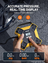 AstroAI Compresor de aire inflador de neumáticos bomba de aire portátil para neumáticos de coche, bomba de neumático de estructura metálica integrada de 12 V DC, 160 PSI con luz LED para coches, bicicletas, motocicletas y otros inflables (color amarillo)