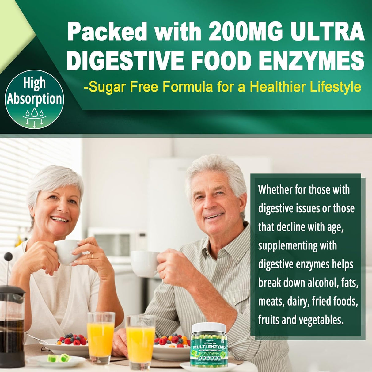 Suplemento Gomitas de enzimas digestivas sin azúcar, 1000 mg