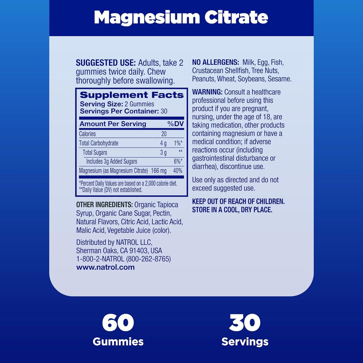 Suplemento Natrol Magnesio Citrato 330mg, 60 Gomas, 15 Días
