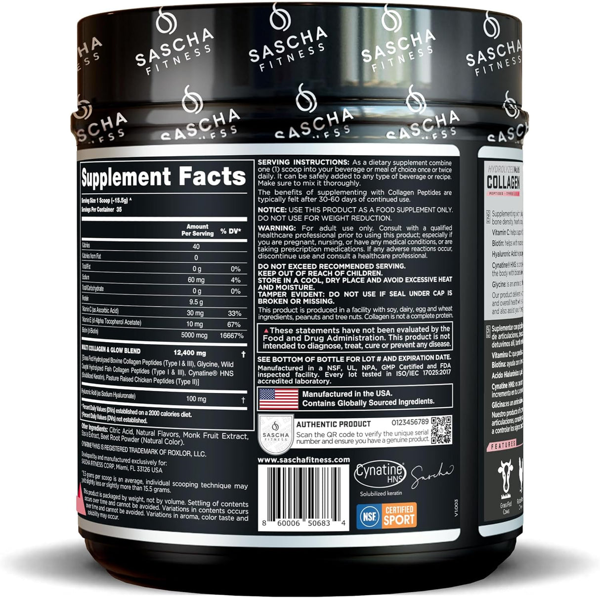 SASCHA FITNESS Collágeno Hidrolizado con Ácido Hialurónico Biotina