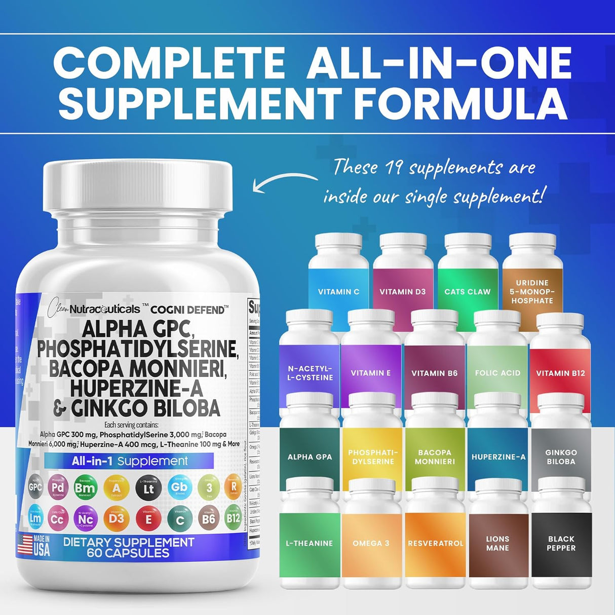 Suplemento de Nootrópicos con Alpha GPC, Bacopa, Ginkgo y Vitaminas