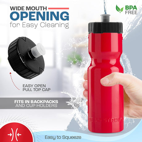 50 Strong - Paquete de 6 botellas de agua para deportes, 22 onzas Botella para bicicleta y deporte sin bisfenol A, con tapa fácil de abrir sin rosca, fabricada en Estados Unidos.