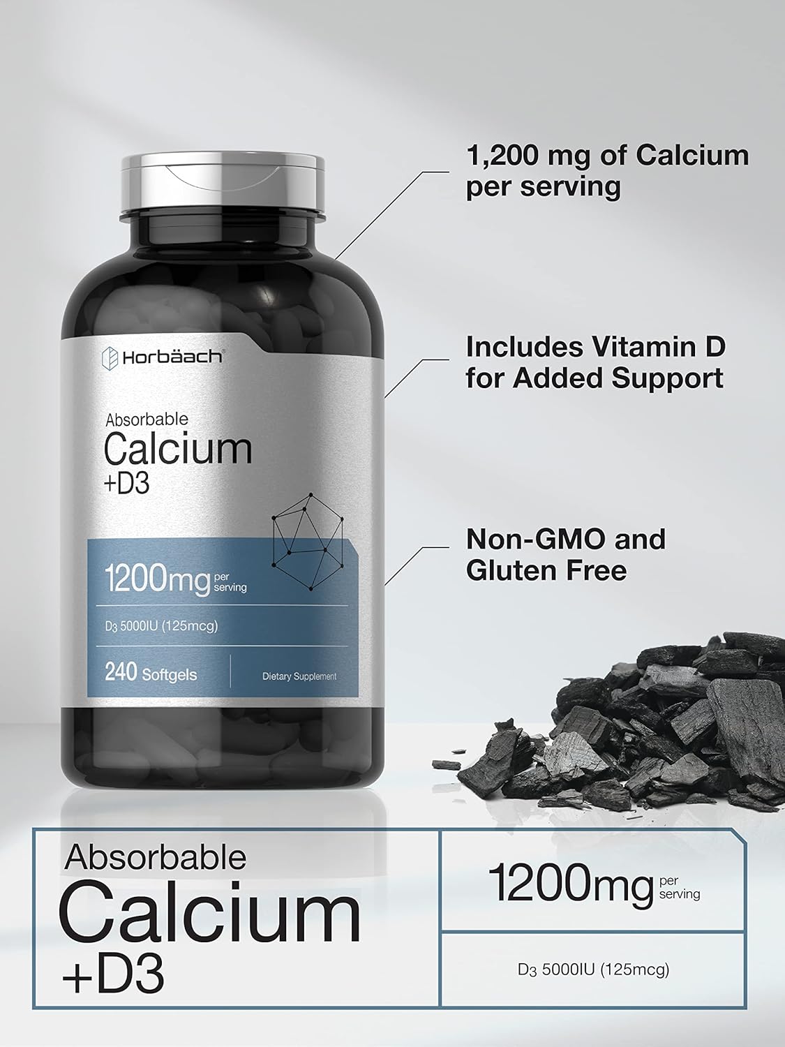 Calcio con vitamina D3 en cápsulas blandas sin OMG o gluten