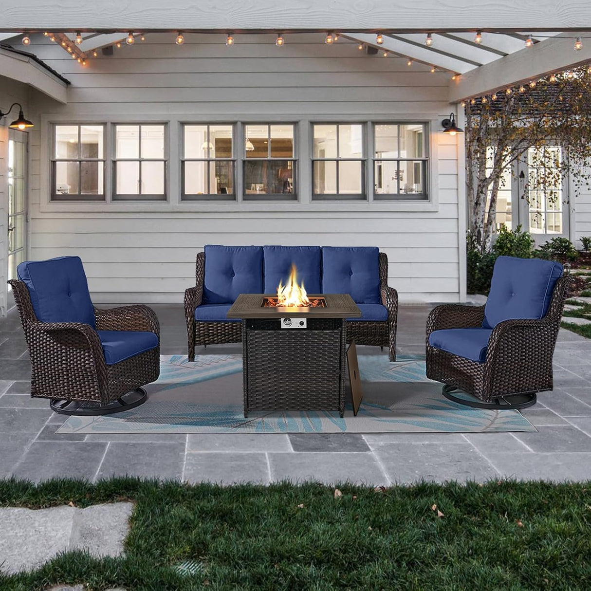 Belord Juego de muebles de patio al aire libre con mesa para fogata de propano de 50000 BTU, juego de conversación de mimbre para patio con 2 sillas giratorias mecedoras, sofá de ratán, cojín azul,
