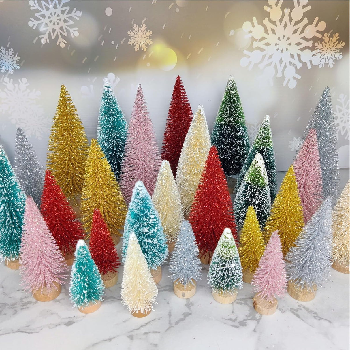 8 Pcs Árboles Navideños Artificiales Miniatura con Base de Madera