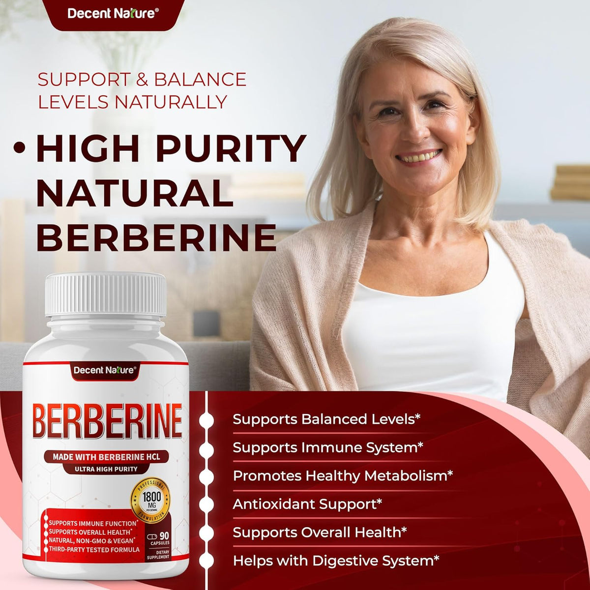 Suplemento de Berberina 1800mg - Alta Pureza, 90 Cápsulas