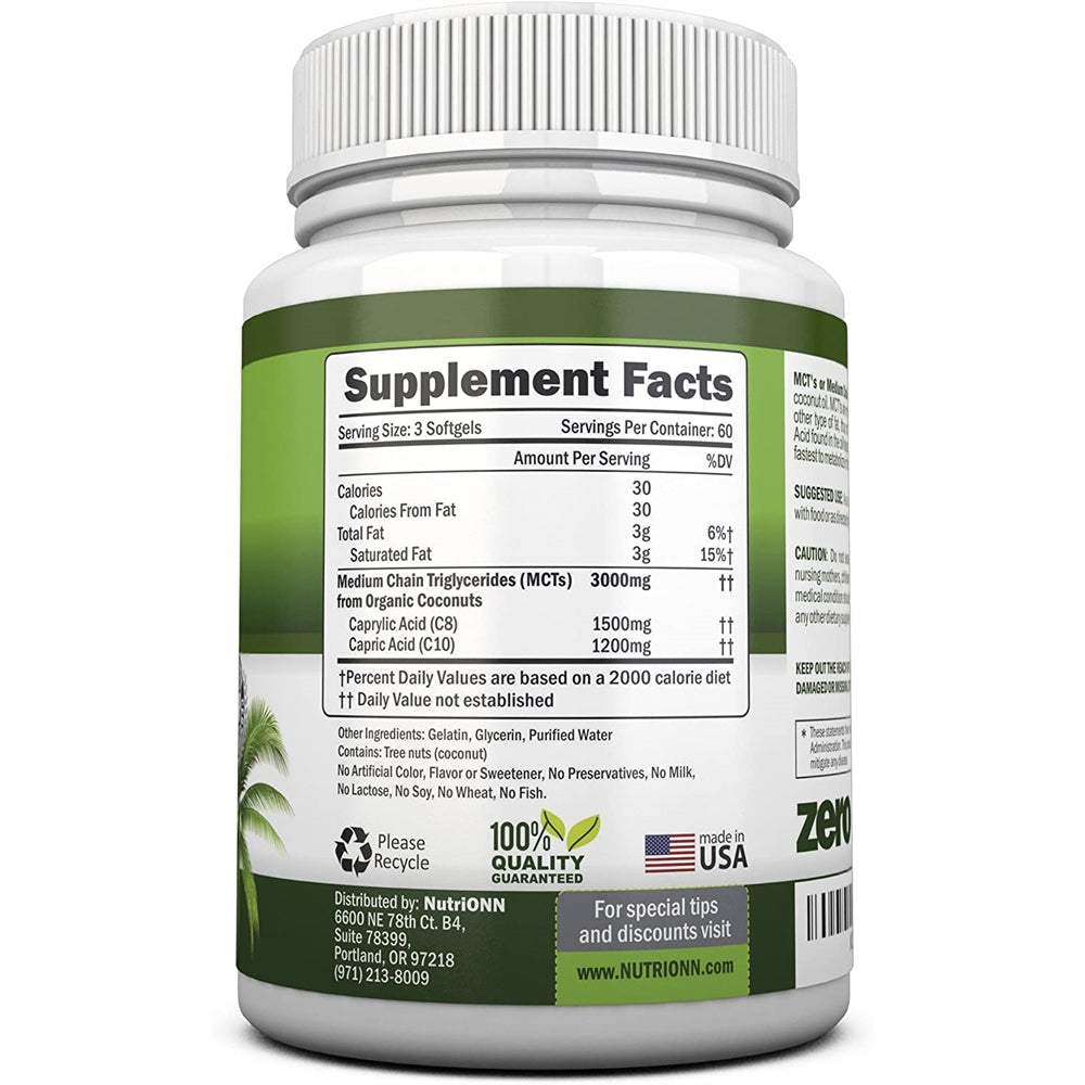 Suplemento Aceite MCT  Hecho de cocos 100% orgánicos 180 cáp