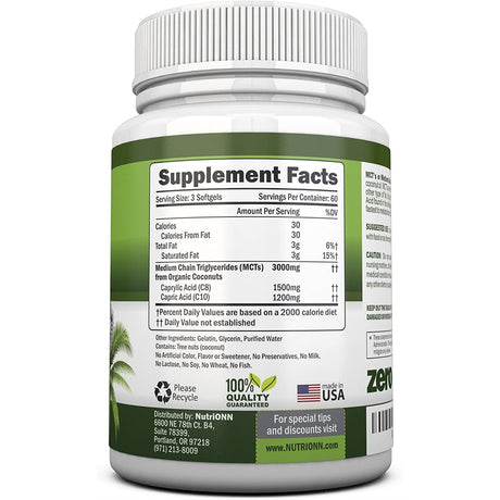 Suplemento Aceite MCT  Hecho de cocos 100% orgánicos 180 cáp