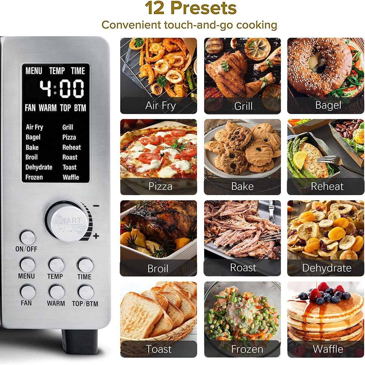 Nuwave Bravo - Horno tostador digital 12 en 1, horno de convección de encimera y freidora de aire, 1800 vatios, capacidad de 21 cuartos de galón, controles de temperatura de 50°-450°F, cocción envolvente de doble zona, tecnología T lineal, aspecto SS