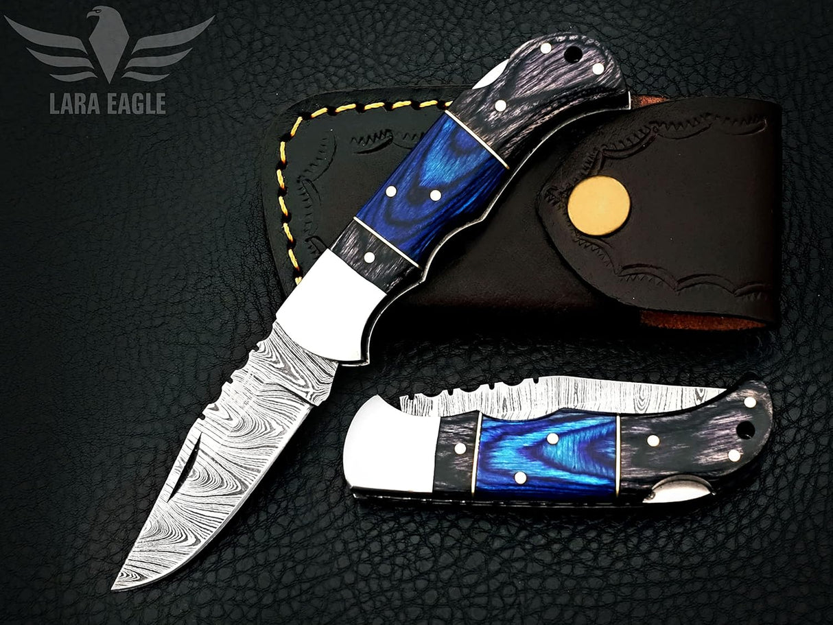 Cuchillo de bolsillo de Damasco para hombre azul