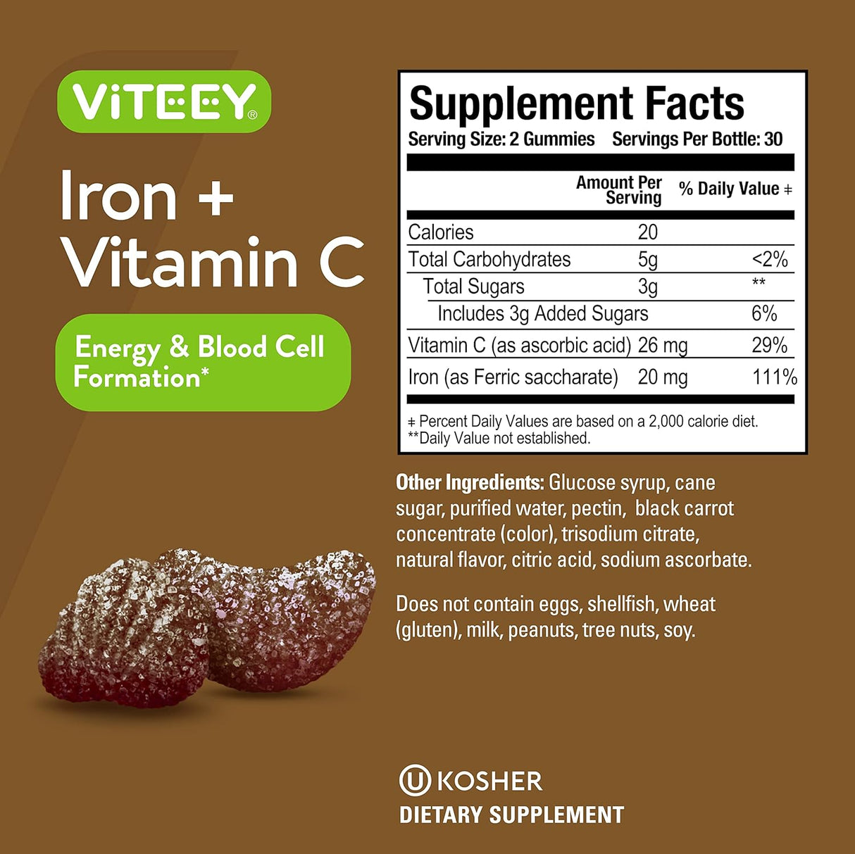 Suplemento Gomitas de hierro de 20 mg + vitamina C de 26 mg