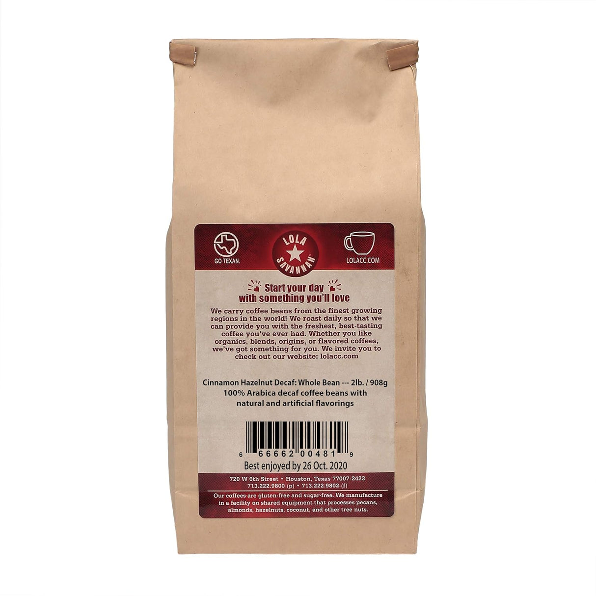 Café en grano descafeinado Lola Savannah, avellana y canela 2lb