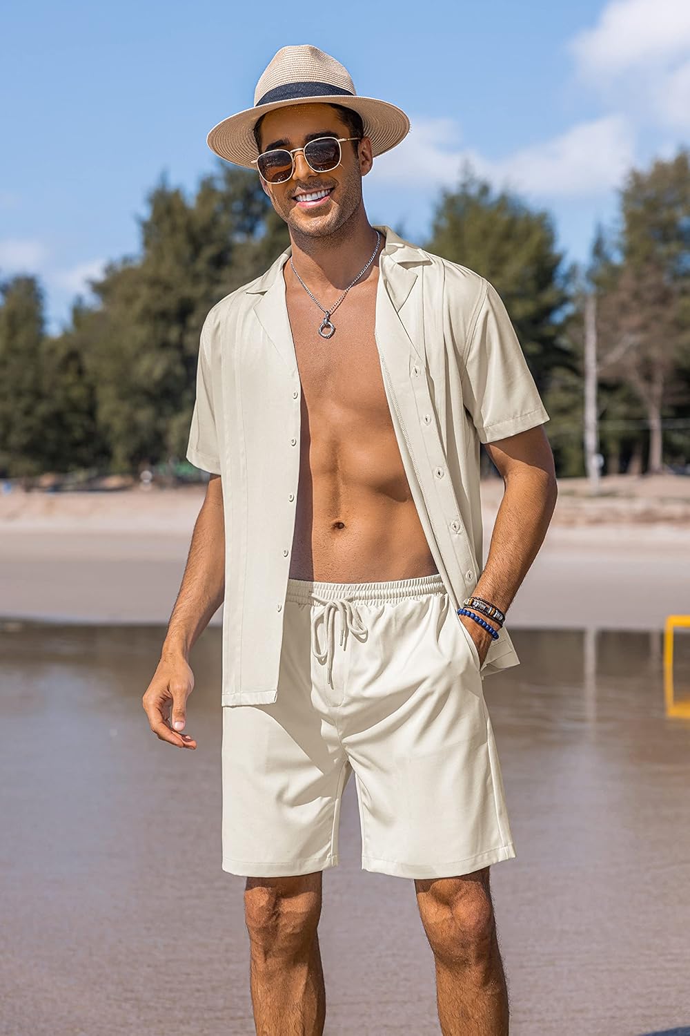 Conjunto deportivo, 2 piezas para hombre, camisa cubana