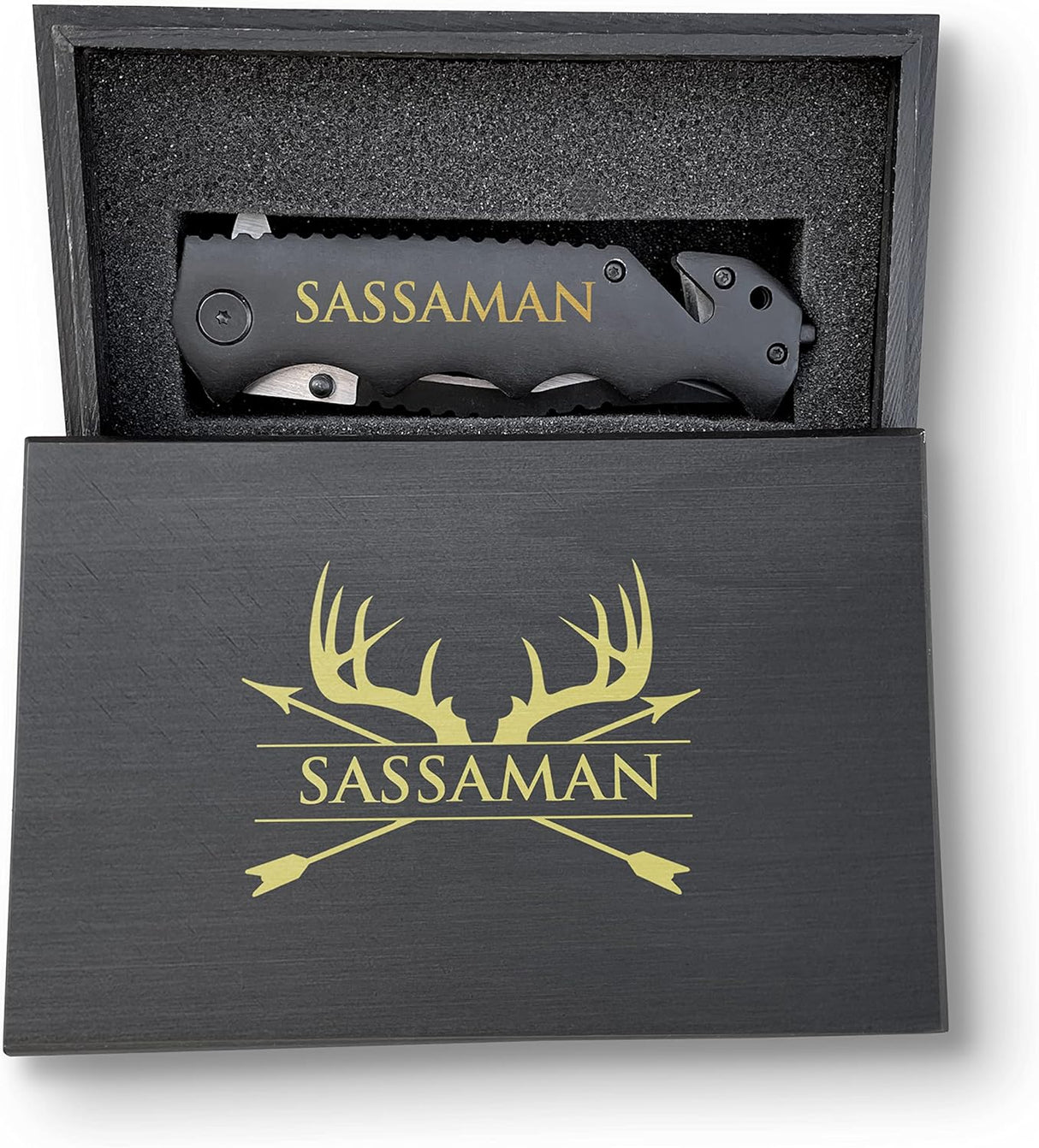 Cuchillo personalizado prémium con caja grabada, negro