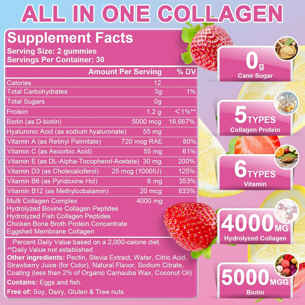 Multi Collagen Gummies, Colágeno Hidrolizado con Biotina, 60u
