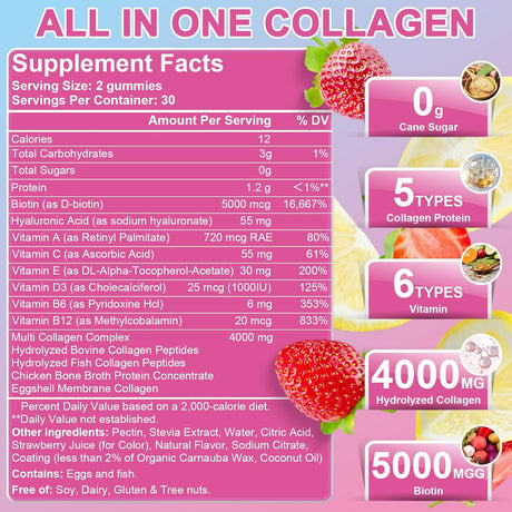 Multi Collagen Gummies, Colágeno Hidrolizado con Biotina, 60u