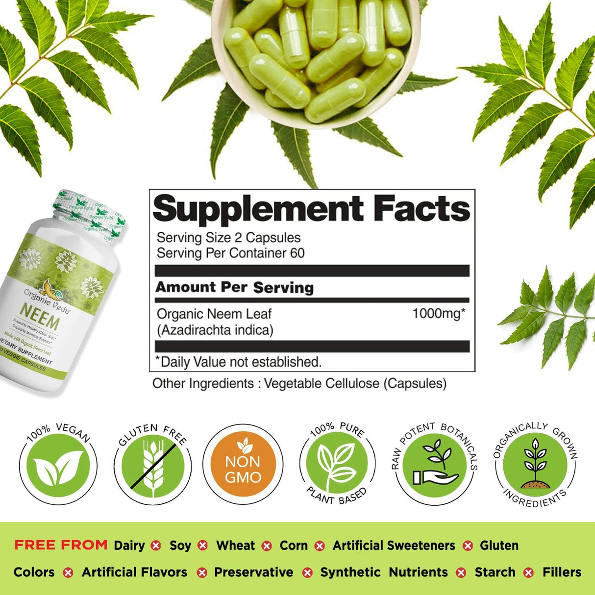Suplemento Organic Veda de Neem sistema inmunológico 120un