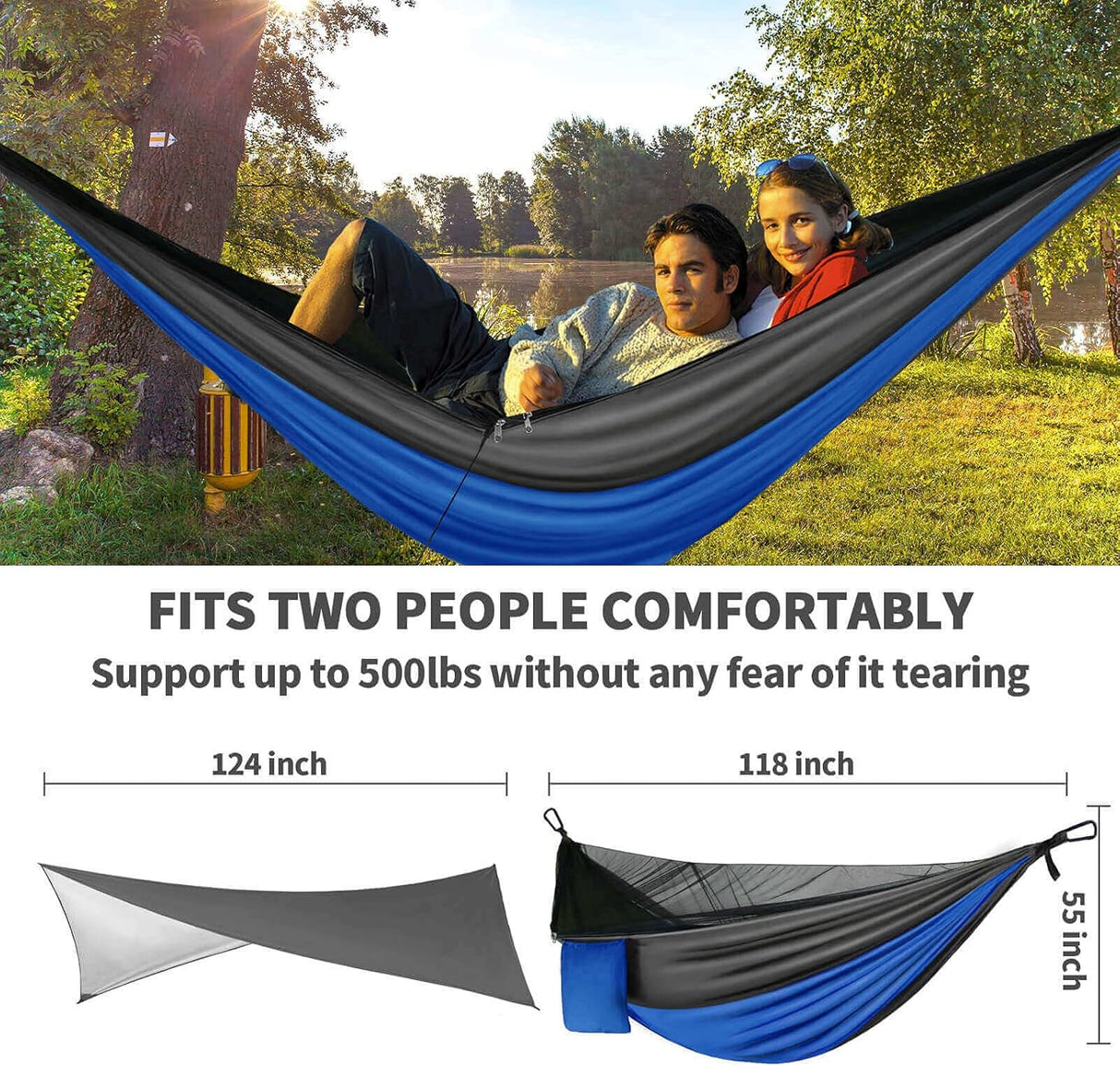 Hamaca Camping con Mosquitero y Lona, Portátil, Doble, Nylon